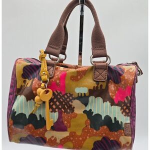 Fossil Printed Canvas & Leather Satchel With Keychain